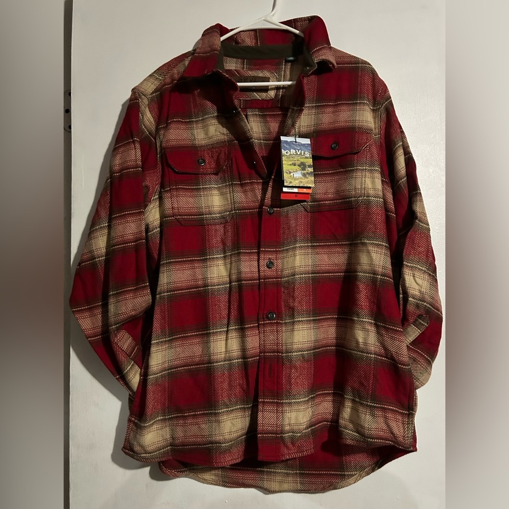 Orvis Men's Red and Tan Plaid Shirt Jacket